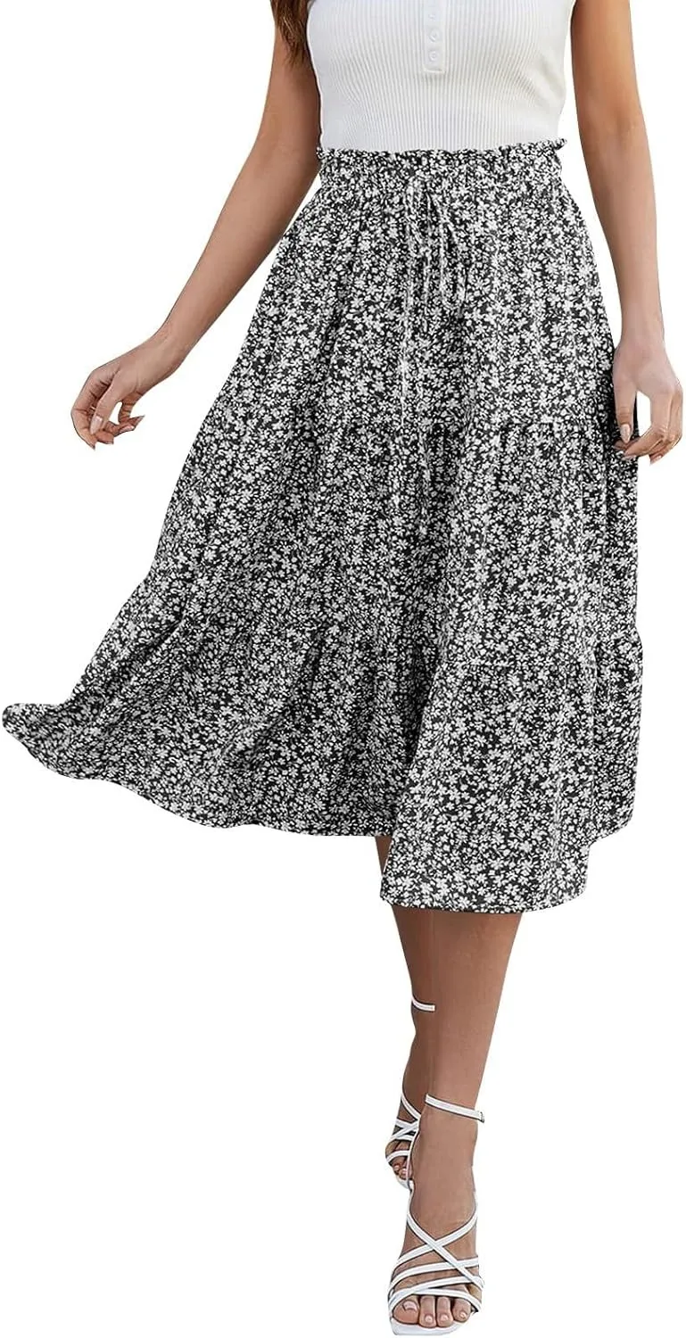 Floral Maxi Skirts for Women Trendy Summer Boho Tiered Long Flowy Skirt Drawstring High Waisted Swing A-Line Skirt