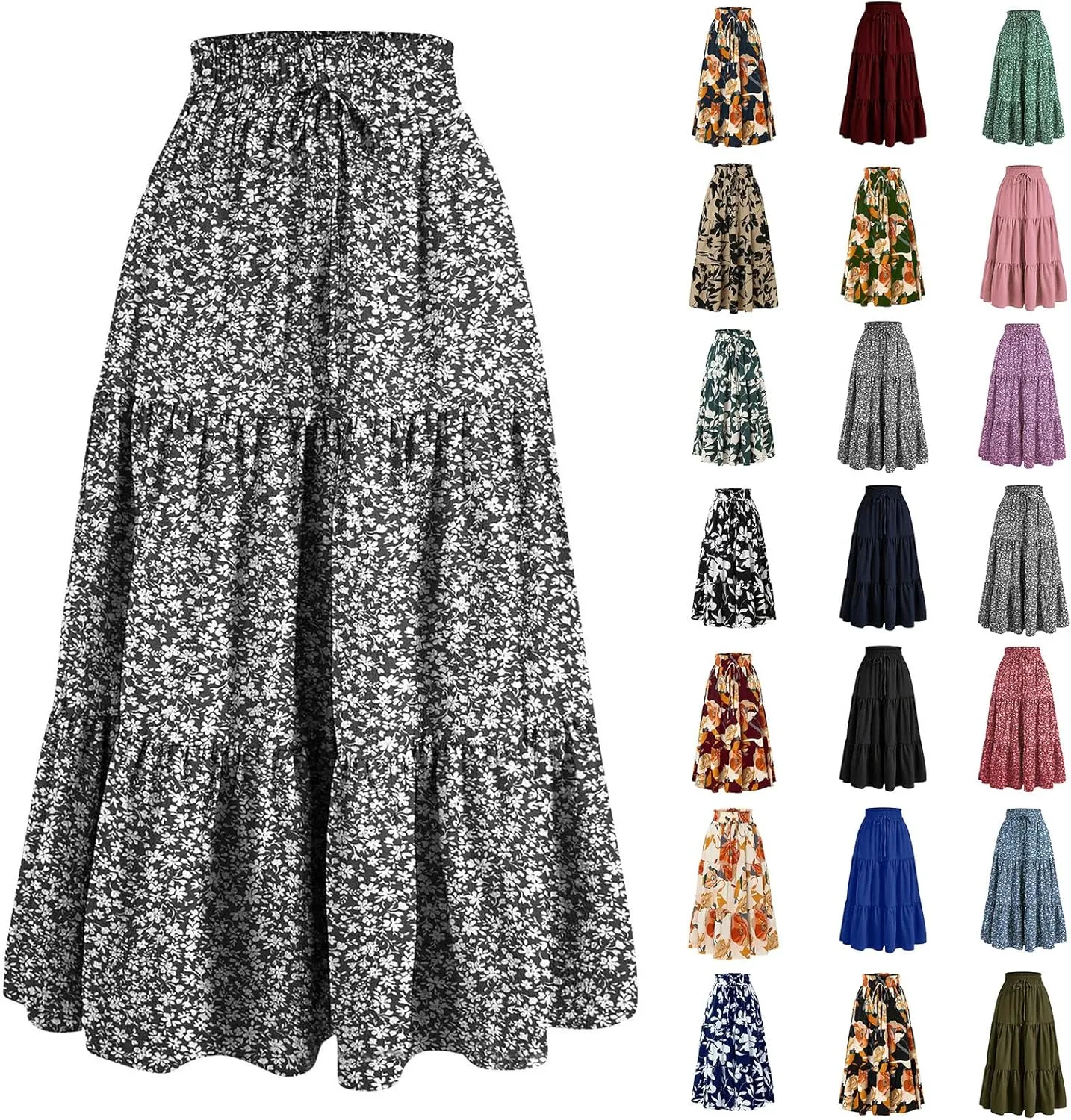 Floral Maxi Skirts for Women Trendy Summer Boho Tiered Long Flowy Skirt Drawstring High Waisted Swing A-Line Skirt
