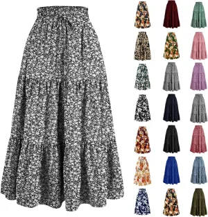 Floral Maxi Skirts for Women Trendy Summer Boho Tiered Long Flowy Skirt Drawstring High Waisted Swing A-Line Skirt