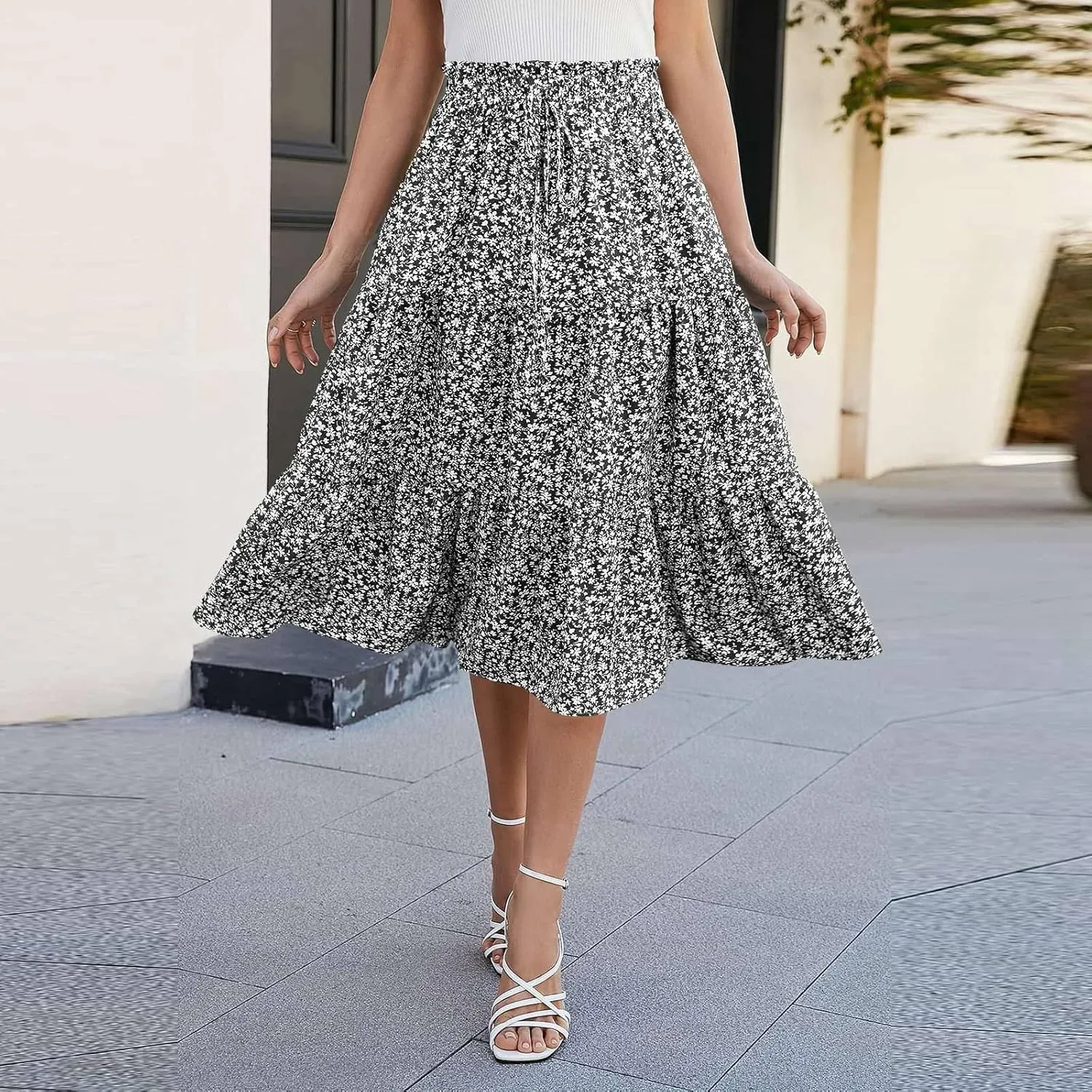 Floral Maxi Skirts for Women Trendy Summer Boho Tiered Long Flowy Skirt Drawstring High Waisted Swing A-Line Skirt