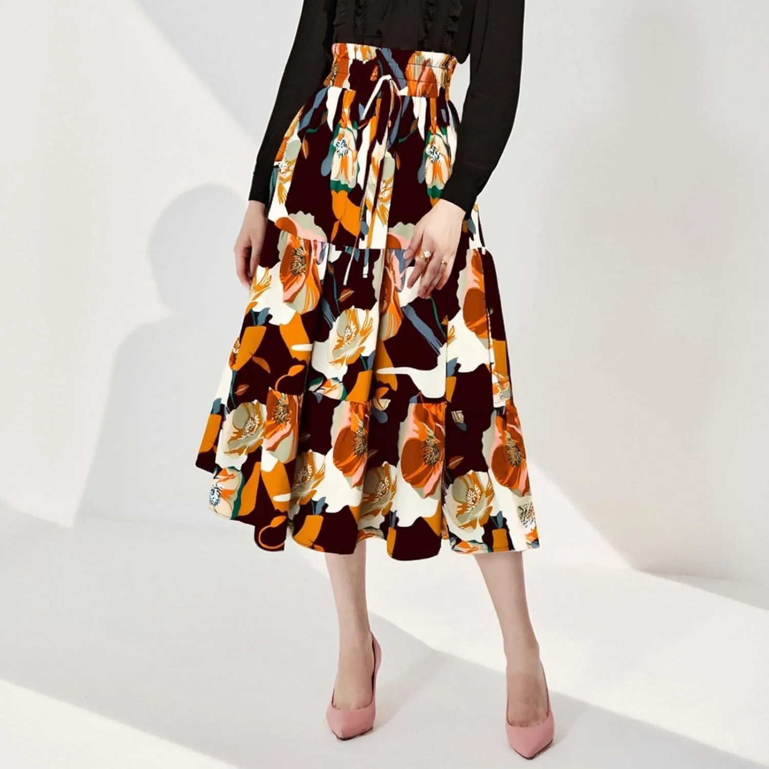 Floral Midi Skirt for Women Summer Boho Flowy Long Skirt Elastic High Waist Vacation A-Line Skirts with Drawstring