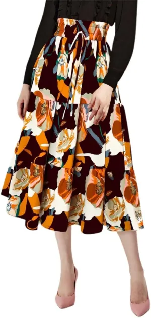 Floral Midi Skirt for Women Summer Boho Flowy Long Skirt Elastic High Waist Vacation A-Line Skirts with Drawstring
