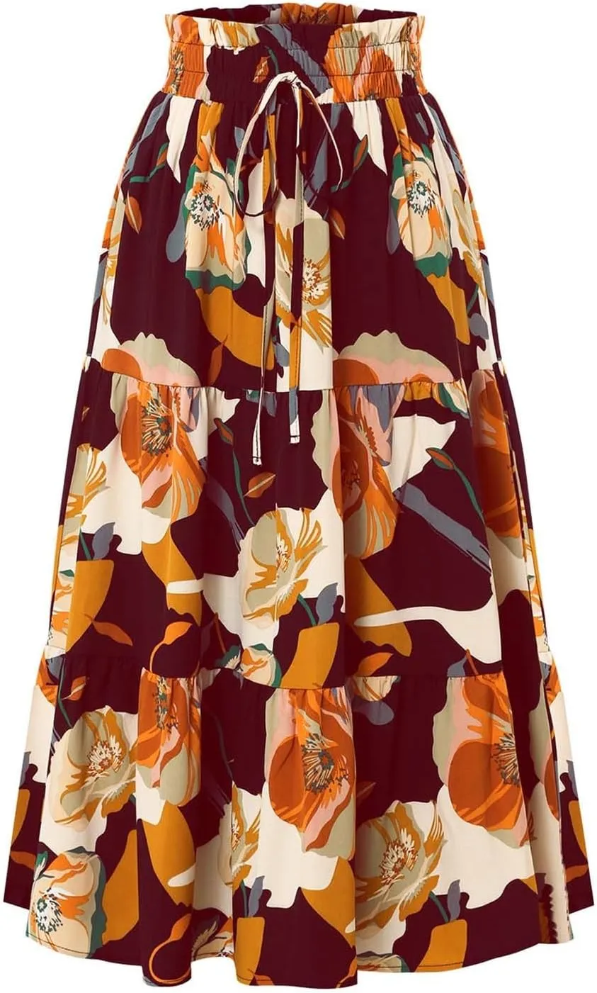 Floral Midi Skirt for Women Summer Boho Flowy Long Skirt Elastic High Waist Vacation A-Line Skirts with Drawstring