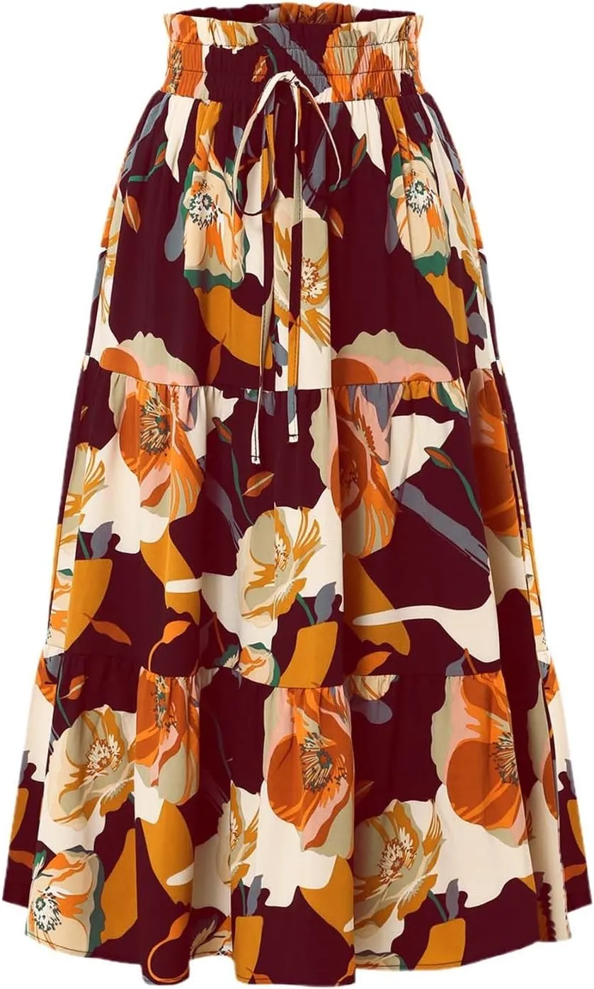 Floral Midi Skirt for Women Summer Boho Flowy Long Skirt Elastic High Waist Vacation A-Line Skirts with Drawstring