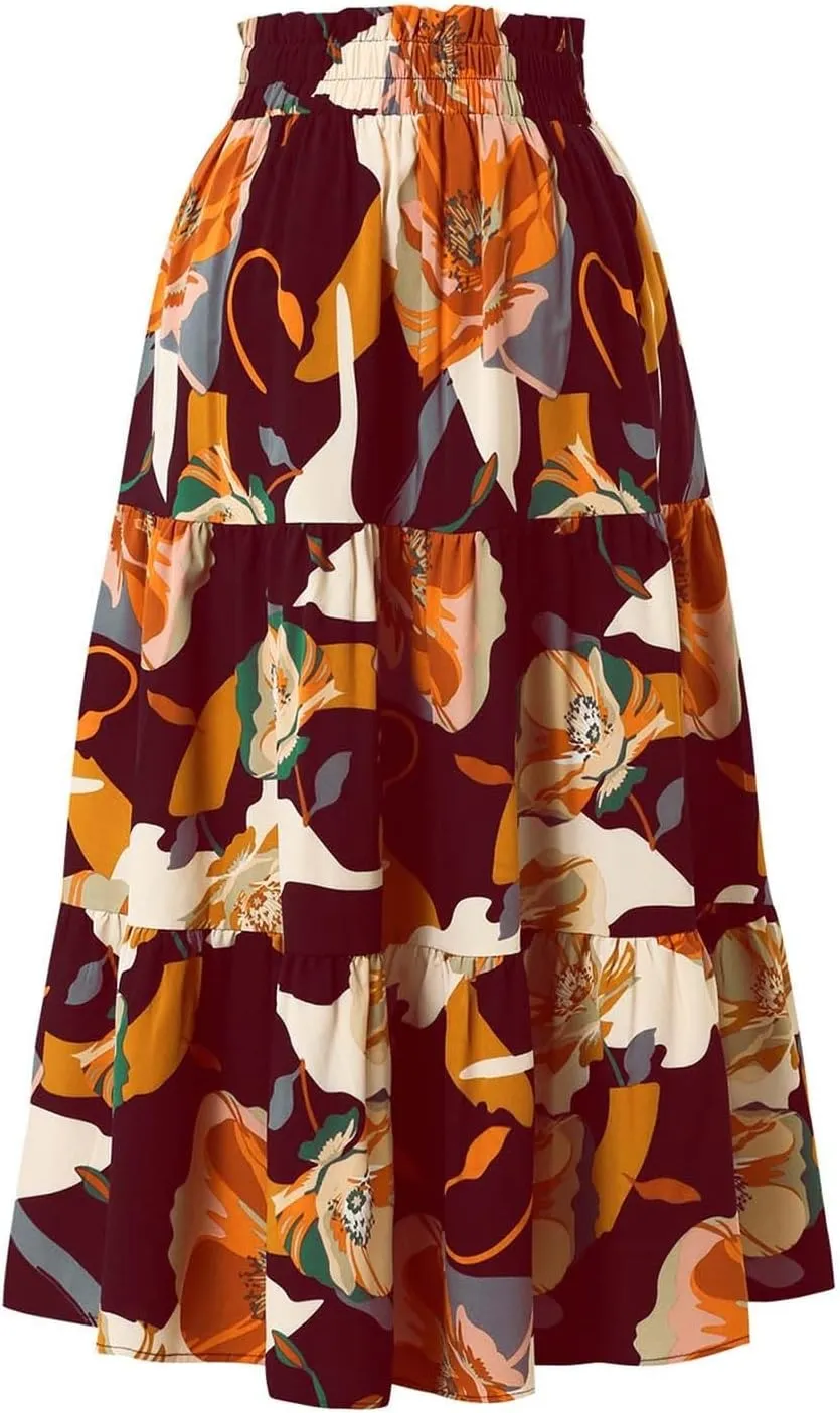Floral Midi Skirt for Women Summer Boho Flowy Long Skirt Elastic High Waist Vacation A-Line Skirts with Drawstring