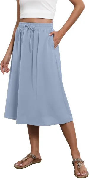 Floral Midi Skirts for Women Summer Casual Loose Flowy Boho Skirt Knee Length Beach Vacation Outfits with Pockets