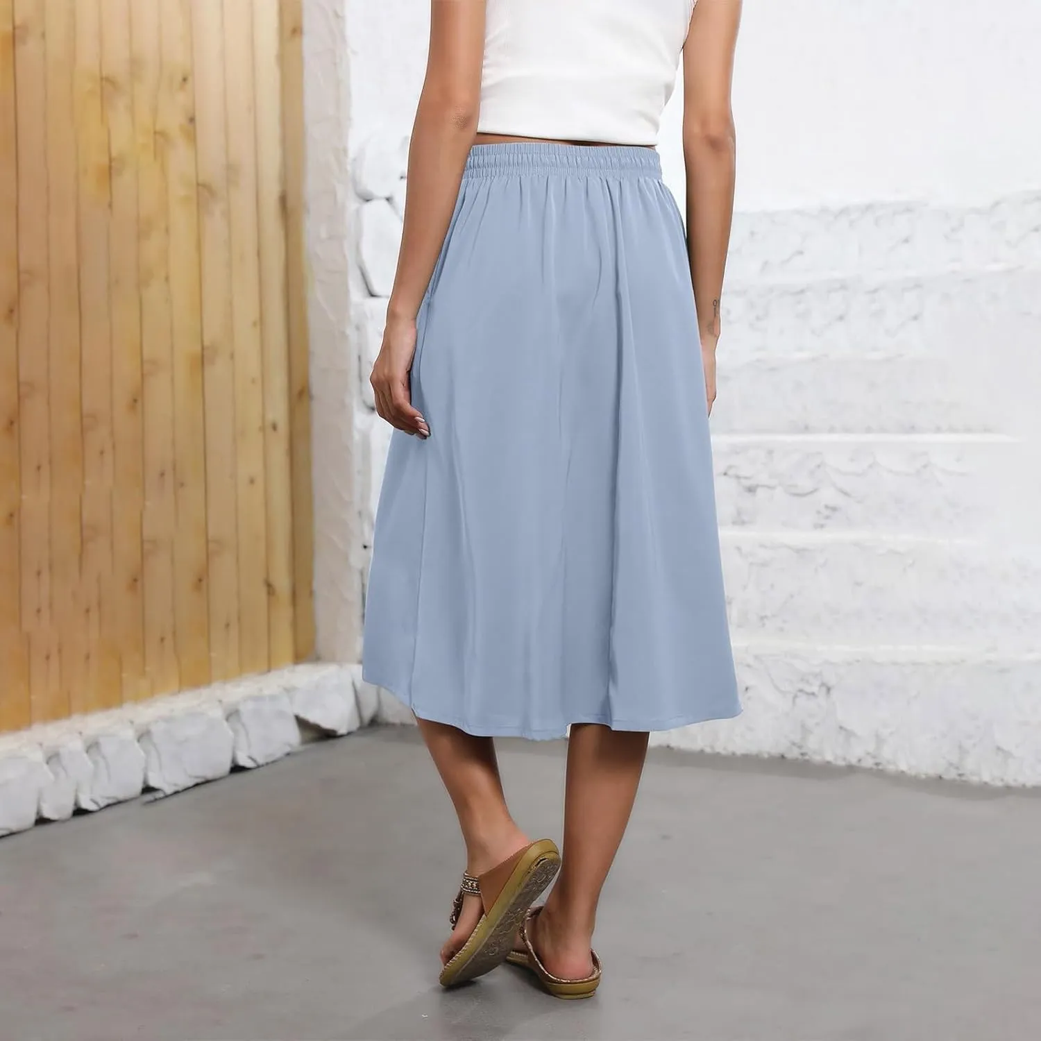 Floral Midi Skirts for Women Summer Casual Loose Flowy Boho Skirt Knee Length Beach Vacation Outfits with Pockets