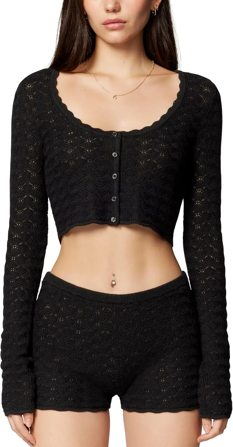 florence by mills Women's Le Pointelle Sweater Lace Cardigan