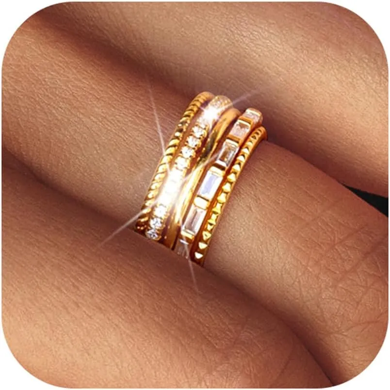 Florideco 14K Gold Filled Thin Stackable Rings for Women,Minimalist Non Tarnish Cubic Zirconia Band Rings,Dainty Trendy Statement Stacking Rings Set Size 6-10