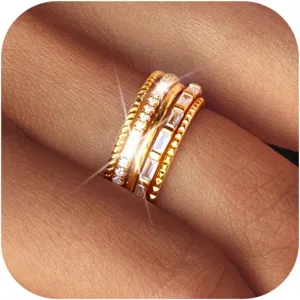 Florideco 14K Gold Filled Thin Stackable Rings for Women,Minimalist Non Tarnish Cubic Zirconia Band Rings,Dainty Trendy Statement Stacking Rings Set Size 6-10