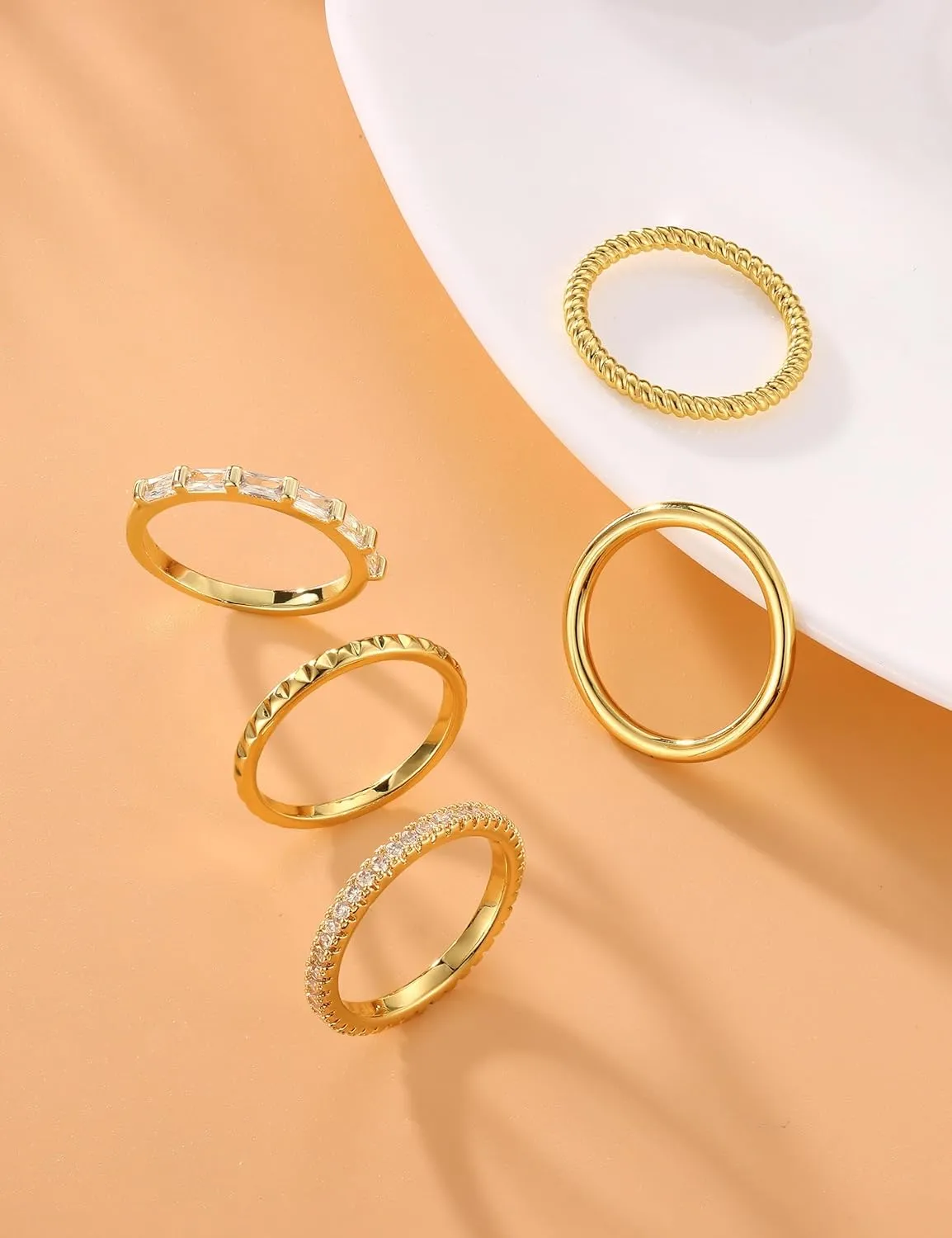 Florideco 14K Gold Filled Thin Stackable Rings for Women,Minimalist Non Tarnish Cubic Zirconia Band Rings,Dainty Trendy Statement Stacking Rings Set Size 6-10
