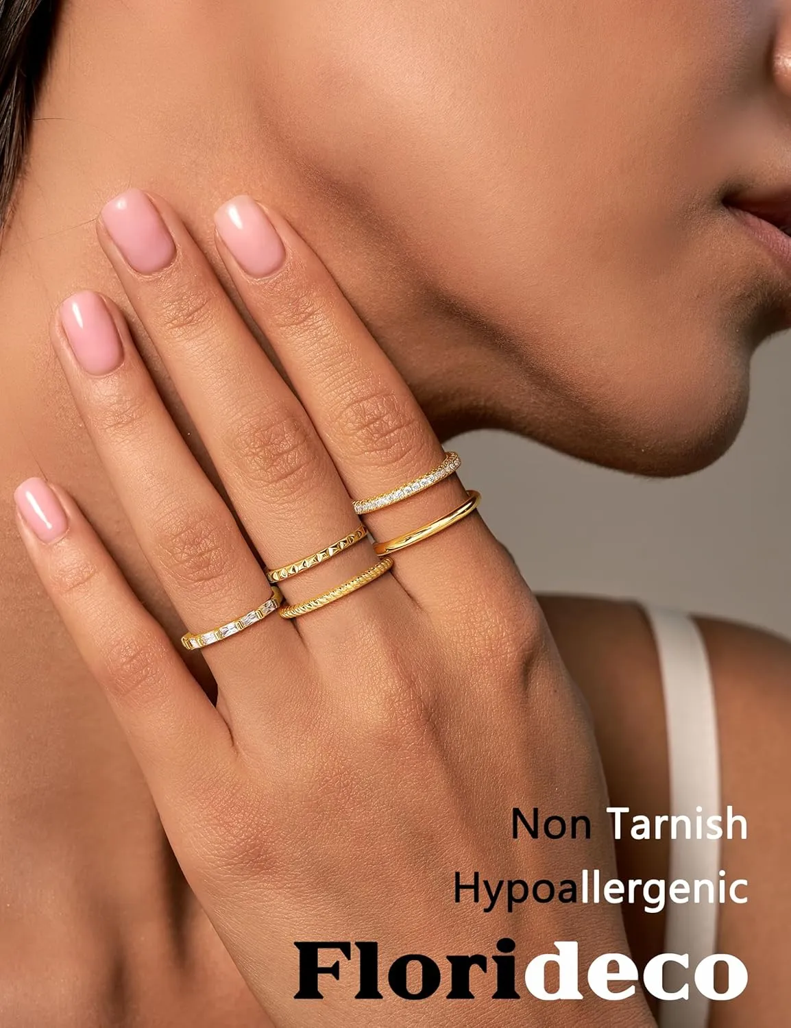 Florideco 14K Gold Filled Thin Stackable Rings for Women,Minimalist Non Tarnish Cubic Zirconia Band Rings,Dainty Trendy Statement Stacking Rings Set Size 6-10