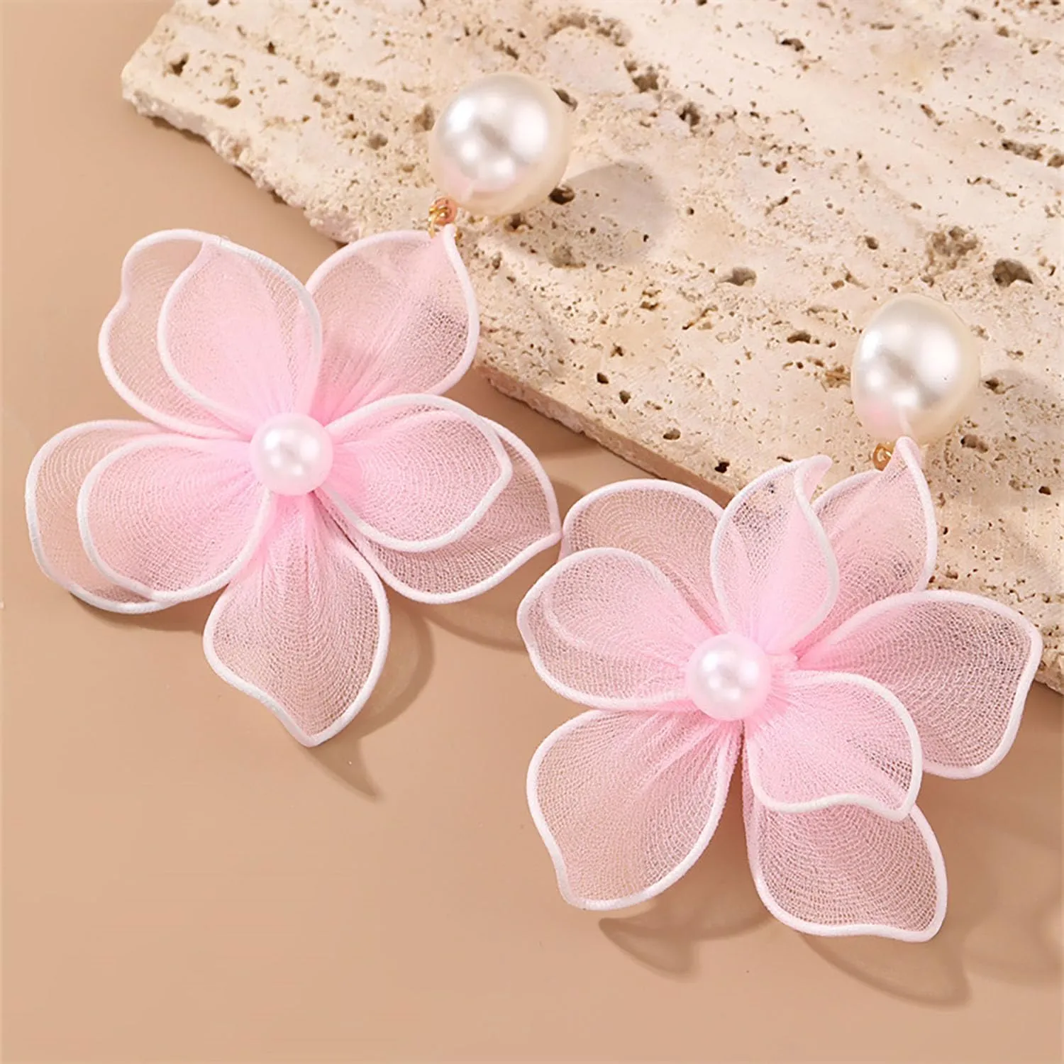 Flower Earrings for Women Exaggerated Satin Large Flower Earrings Pearl Flower Drop Earrings Bohemian Floral Statement Earrings Romantic Party Wedding Earrings Jewelry Gifts