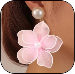 Flower Earrings for Women Exaggerated Satin Large Flower Earrings Pearl Flower Drop Earrings Bohemian Floral Statement Earrings Romantic Party Wedding Earrings Jewelry Gifts