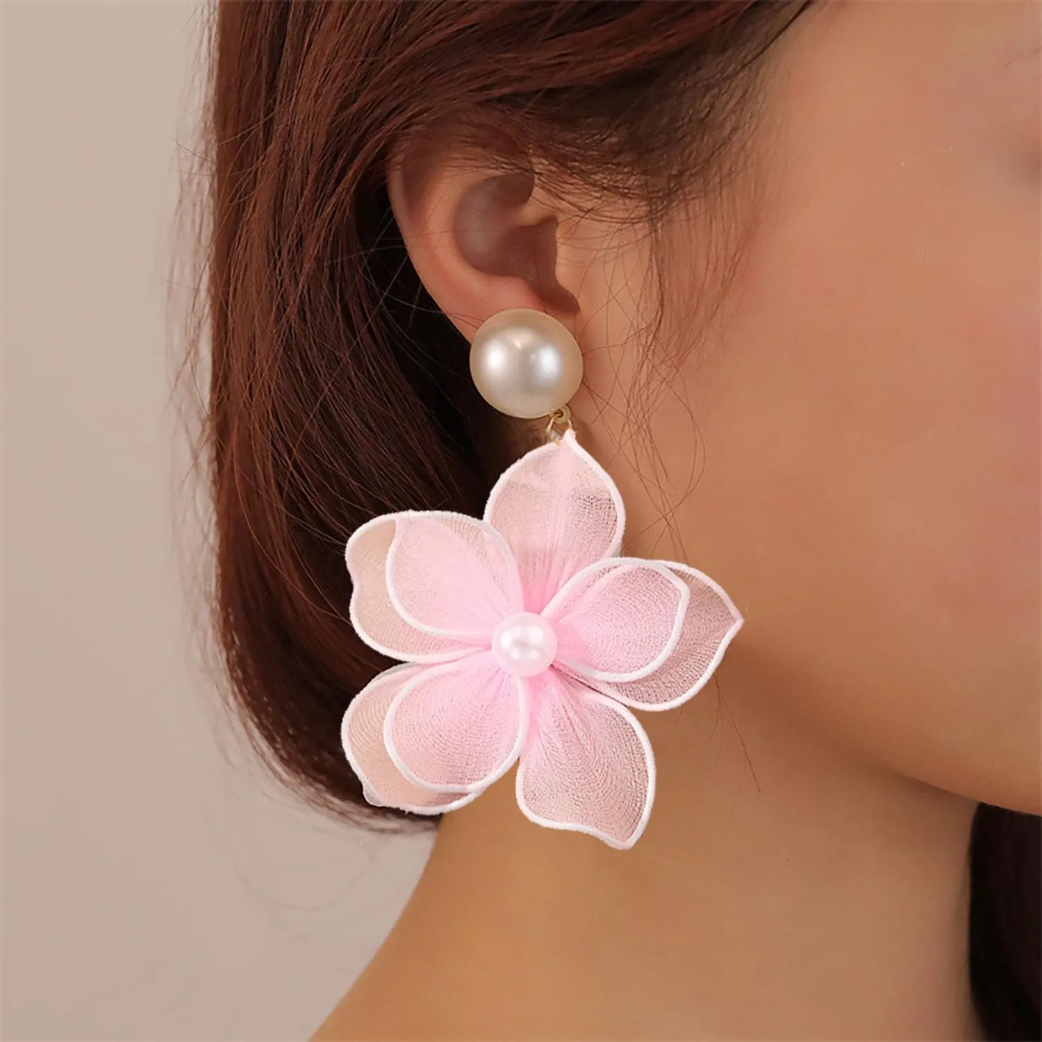 Flower Earrings for Women Exaggerated Satin Large Flower Earrings Pearl Flower Drop Earrings Bohemian Floral Statement Earrings Romantic Party Wedding Earrings Jewelry Gifts