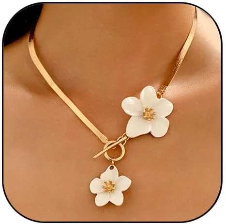 Flower Necklace for Women White Flower Choker Necklace Gold flower Statement Necklaces Summer Charm Necklaces Hawaii Foral Beach Jewelry