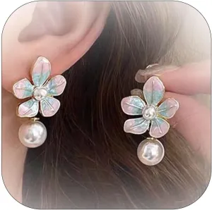 Flower Pearl Earrings for Women Pink Blue Enamels Flowers Earrings Trendy Flower Dangle Drop Earrings Long Pearl Earrings Jewelry Gift for Women
