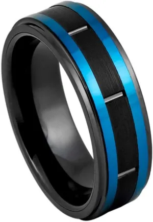 Free Personalized laser engraving Ring for Men and Women Black IP & Blue IP Plated Sides  8mm Wedding Band Ideal Ring for Couples