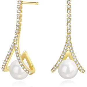 Freshwater Pearl Drop Earrings, 14k Gold Earrings for Women Trendy Pearl Earrings for Women 925 Sterling Silver Pearl Dangle Earrings Cubic Zirconia Hypoallergenic Wedding Earrings (14K Gold)
