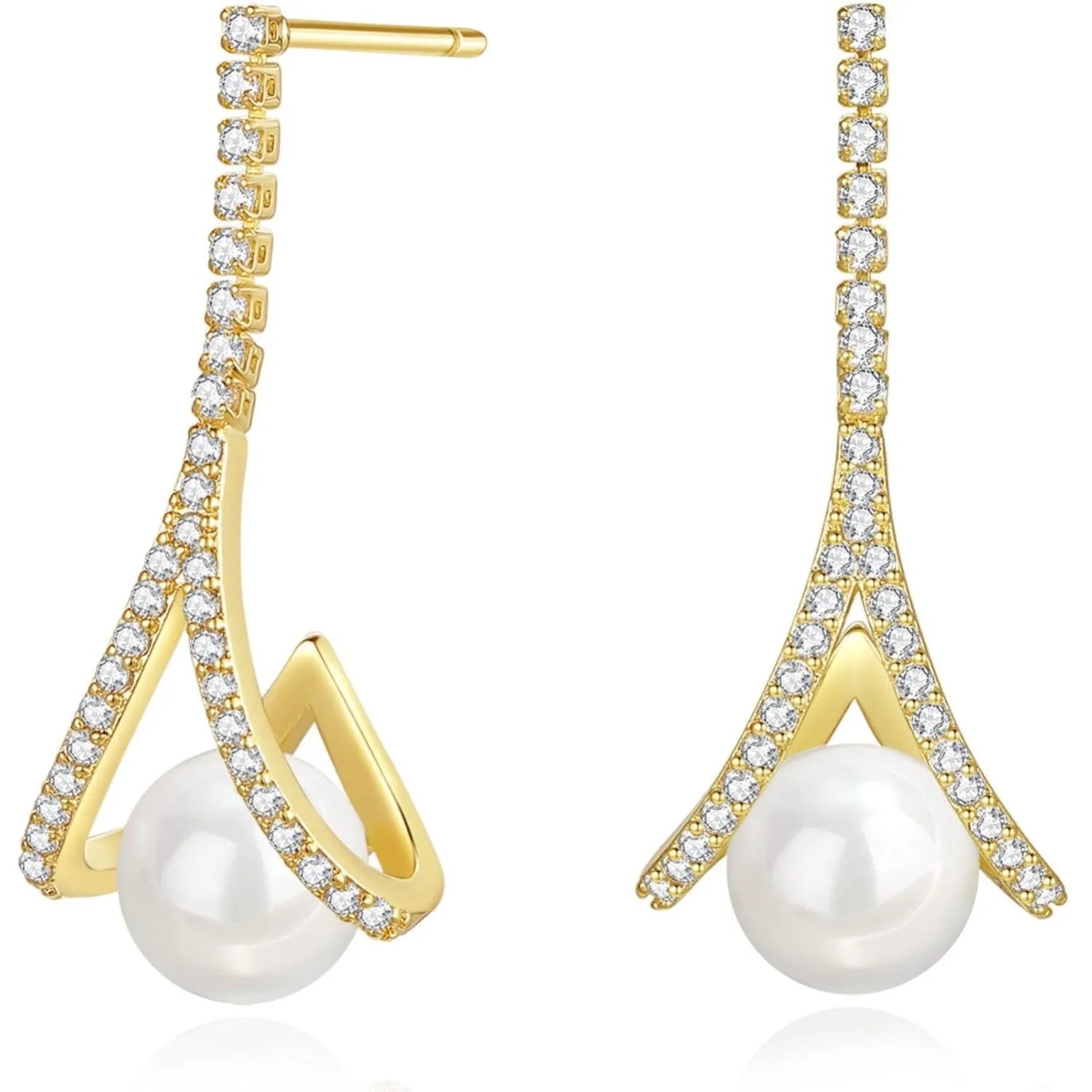 Freshwater Pearl Drop Earrings, 14k Gold Earrings for Women Trendy Pearl Earrings for Women 925 Sterling Silver Pearl Dangle Earrings Cubic Zirconia Hypoallergenic Wedding Earrings (14K Gold)