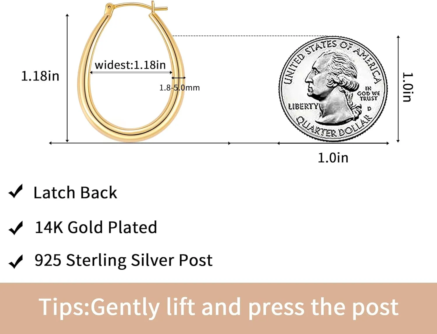Gacimy Gold Chunky Hoop Earrings for Women, 14K Gold Plated Oval Hoop Earrings with 925 Sterling Silver Post