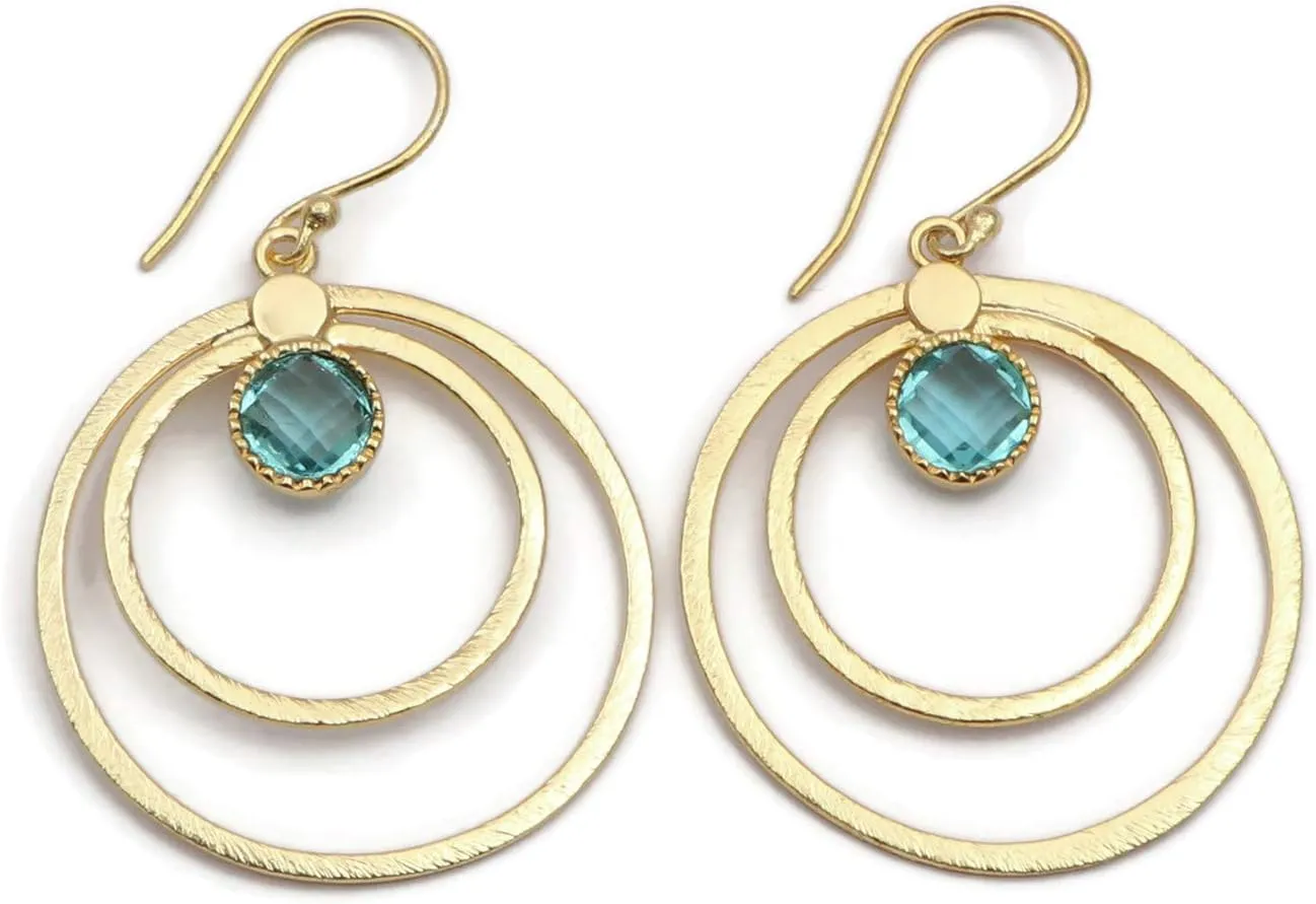 Gemstone Brass Blue Topaz Hydro Handmade Design Round Shape Gold Plated Drop & Dangle Earrings