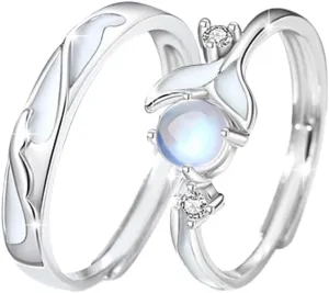 Glowing Band Moonstone Silver Couple Matching Promise Rings for Couples, Women, Men, Him, Her Set of 2 - Adjustable, Gift Wrap