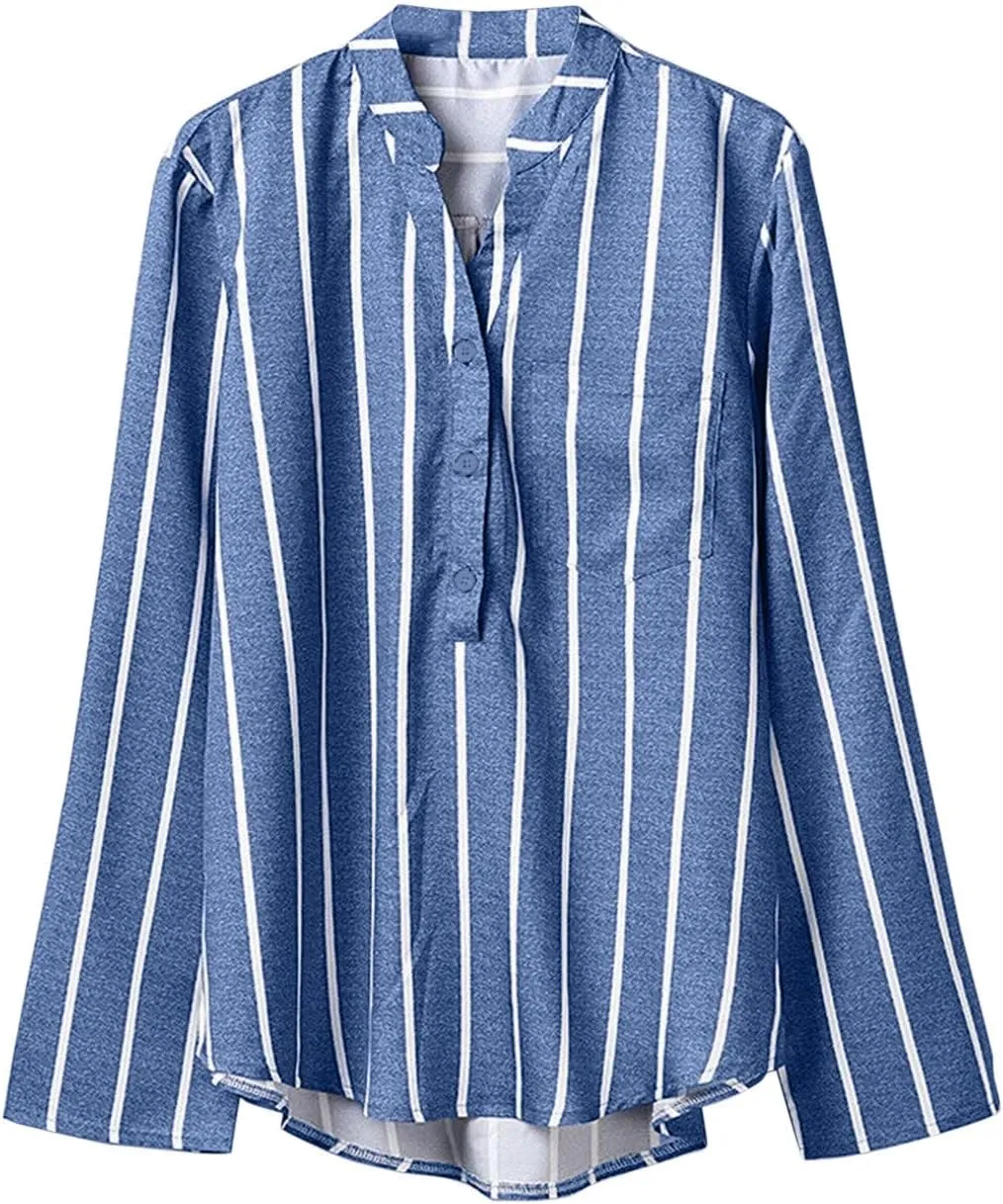 GOKKILRW Womens Cotton Linen Shirts Long Sleeve Button Down Lighweight Spring Summer Striped Dressy Blouses Casual Work Tops
