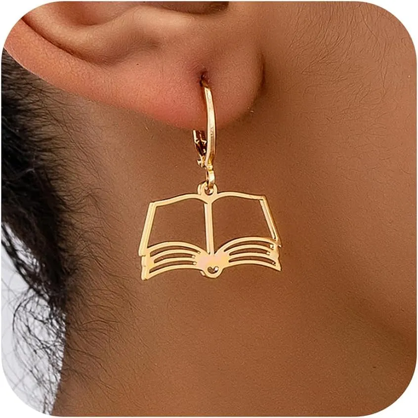 Gold Book Earrings Fun Hollow Book Hoop Earrings Book Lovers Librarian Teacher Graduation Back to School Novelty Jewelry
