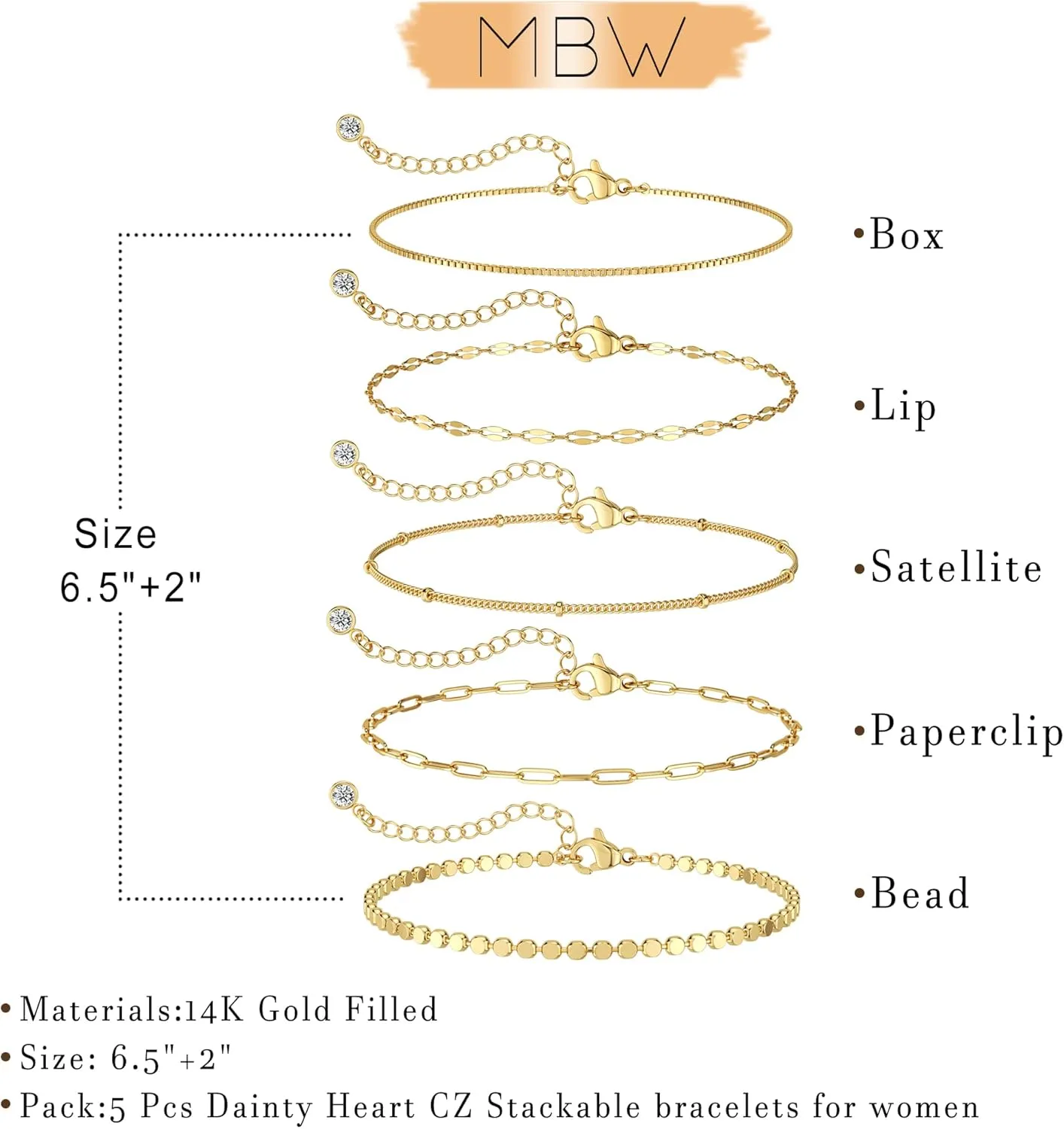 Gold Bracelets for Women, 14K Dainty Gold Plated Stackable Bracelets for Women Trendy Waterproof CZ Tennis Bracelet Set Tiny Heart Paperclip Box Chain Adjustable Bracelets Minimalist Cute Jewelry