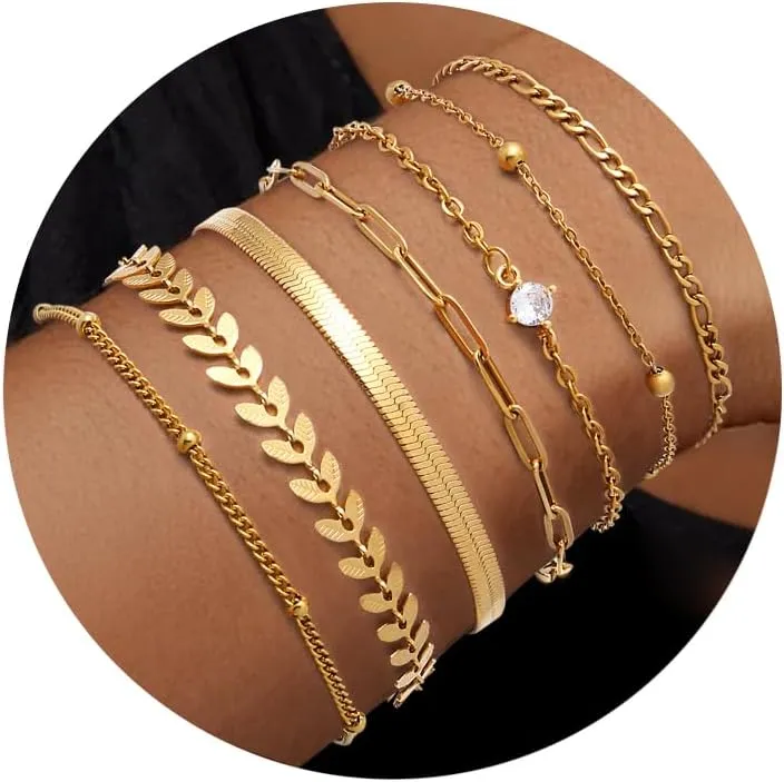 Gold Bracelets for Women trendy,Dainty14K Real Gold Plated Bracelets Set for Women,Thin and Stackable Bracelet Pack,Non Tarnish Cuban Link Chain Bracelets,Waterproof Jewelry Gifts for Women