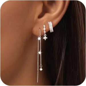 Gold Chain Earrings for Women 3/4 Pairs Dangle Dainty Stack 14K Gold Plated Hoop Earrings Set Trendy Hypoallergenic Cubic Zirconia Stud Earrings for Women Jewelry
