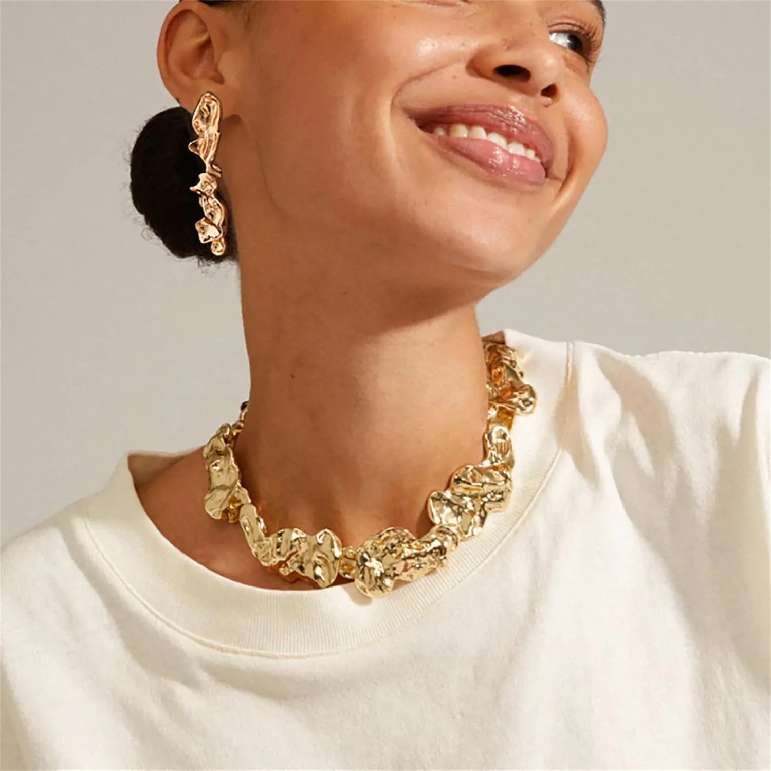 Gold Choker Necklaces for Women,Statement Chunky Gold Necklace Earrings Fashion Irregular Lava Choker Charm Punk Necklaces Daily Jewelry Set
