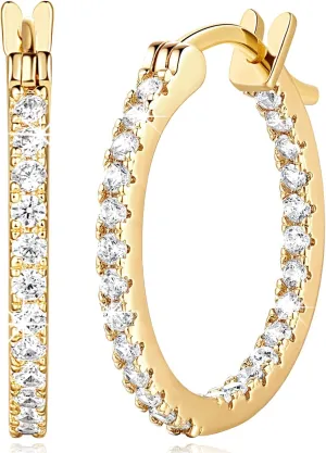 Gold Earrings 14K Gold Hoop Earrings for Women with Dual-sided Cubic Zirconia Hoop Earring for Women Sensitive Ears Hypoallergenic Womens Hoops Earring 15/20/30/35mm