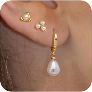 Gold Earrings for Women Dainty Pearl Hoop Earrings 14k Gold Plated Stud Earrings Hypoallergenic Drop Dangle Earrings Set for Multiple Piercing Jewelry for Women