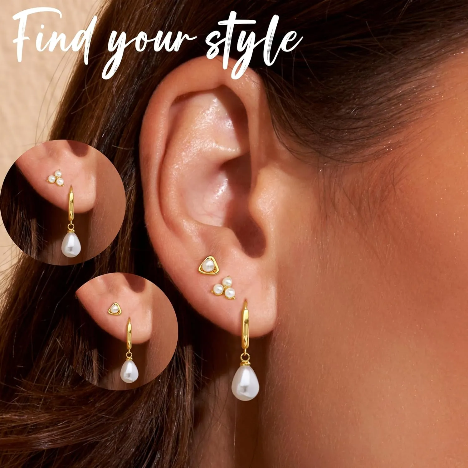 Gold Earrings for Women Dainty Pearl Hoop Earrings 14k Gold Plated Stud Earrings Hypoallergenic Drop Dangle Earrings Set for Multiple Piercing Jewelry for Women