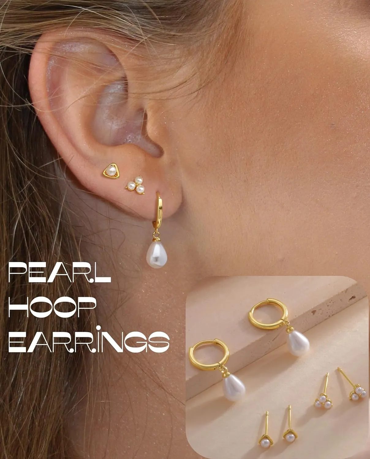 Gold Earrings for Women Dainty Pearl Hoop Earrings 14k Gold Plated Stud Earrings Hypoallergenic Drop Dangle Earrings Set for Multiple Piercing Jewelry for Women