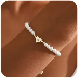 Gold Pearl Bracelets for Women, 14K Gold Plated Initial Bracelets for Women Heart Charm Bracelets Dainty Pearl Bracelets Jewelry for Women Trendy