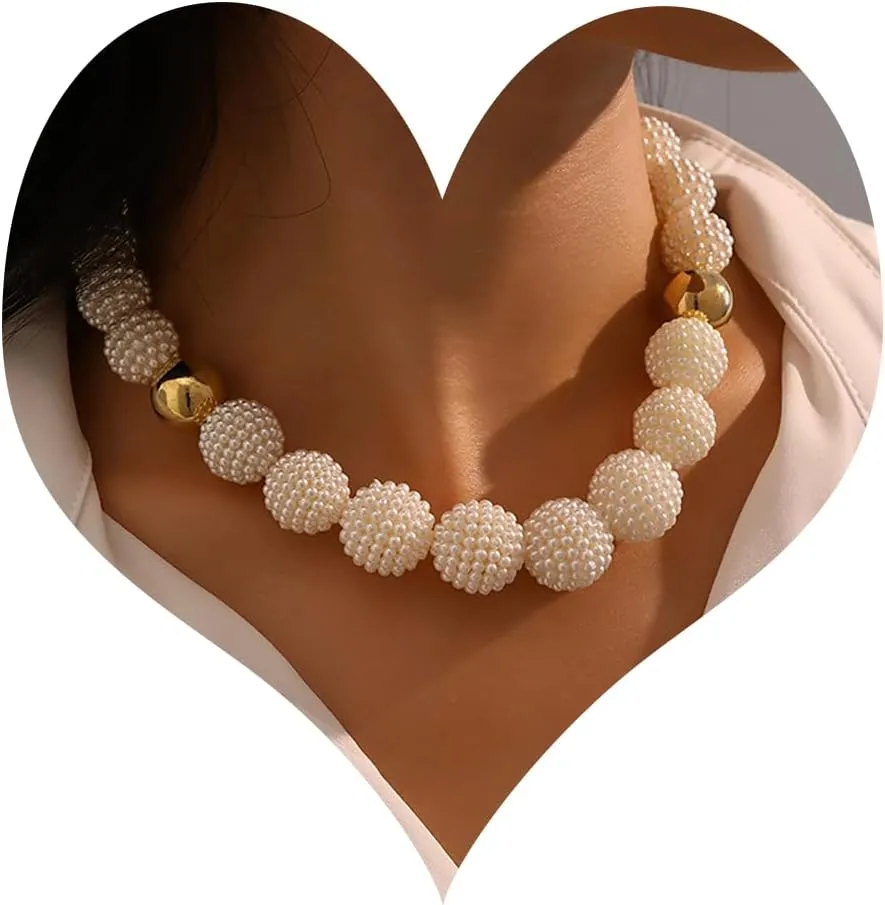 Gold Pearl Necklace for Women Chunky Gold Statement Necklace Ball Charm Chain Choker Jewelry