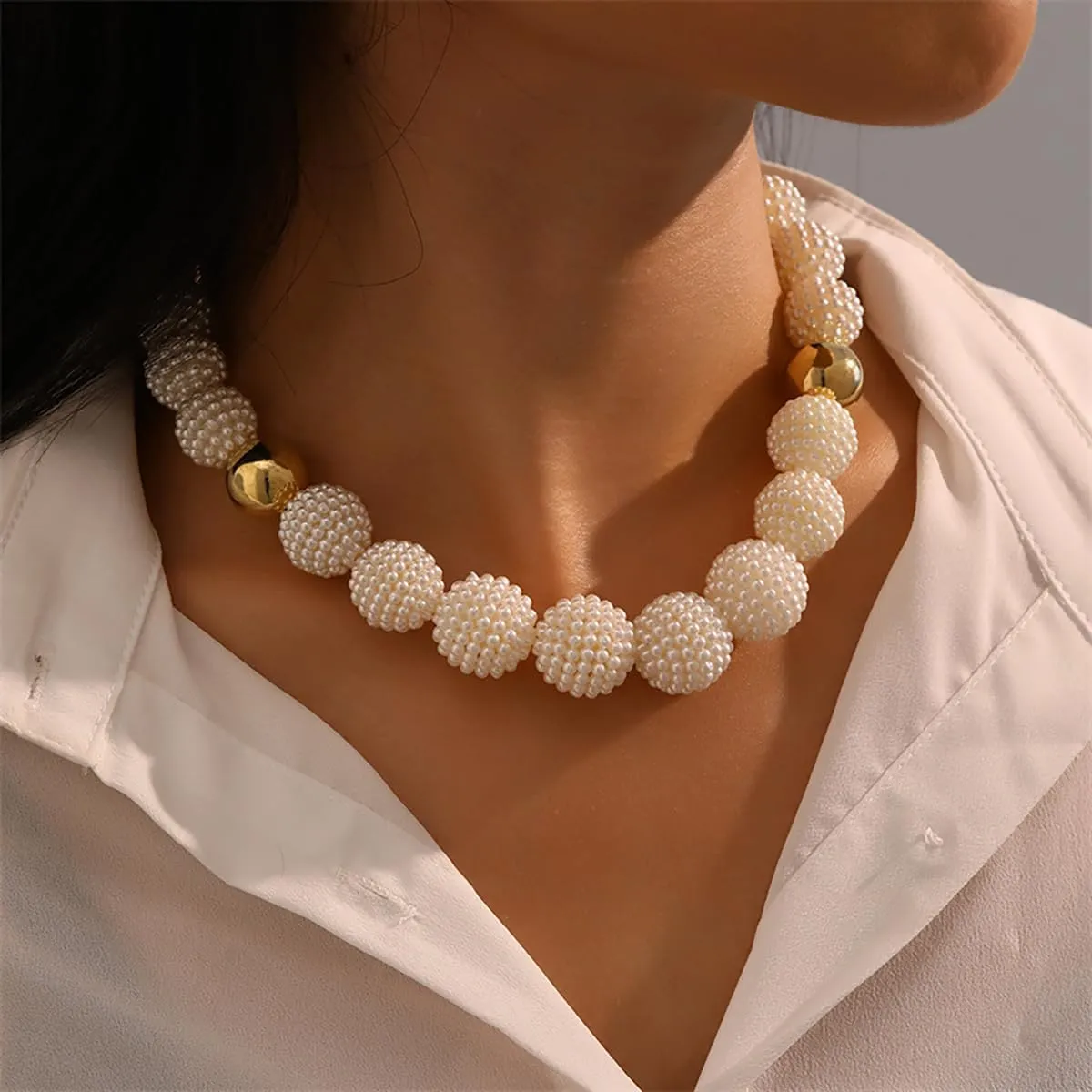 Gold Pearl Necklace for Women Chunky Gold Statement Necklace Ball Charm Chain Choker Jewelry