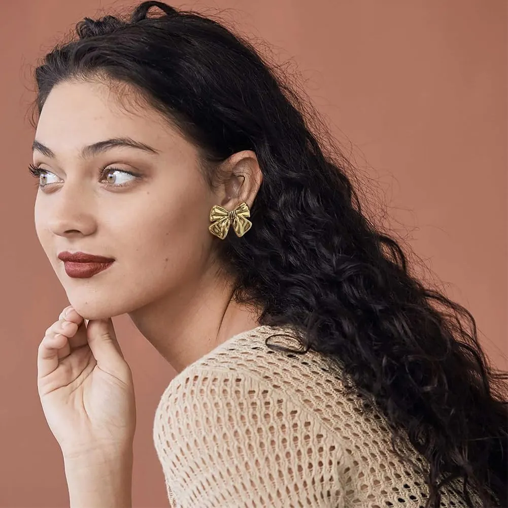 Gold Plated Bow Studs and Dangle Earrings - Silver Bow Statement Earrings Gift