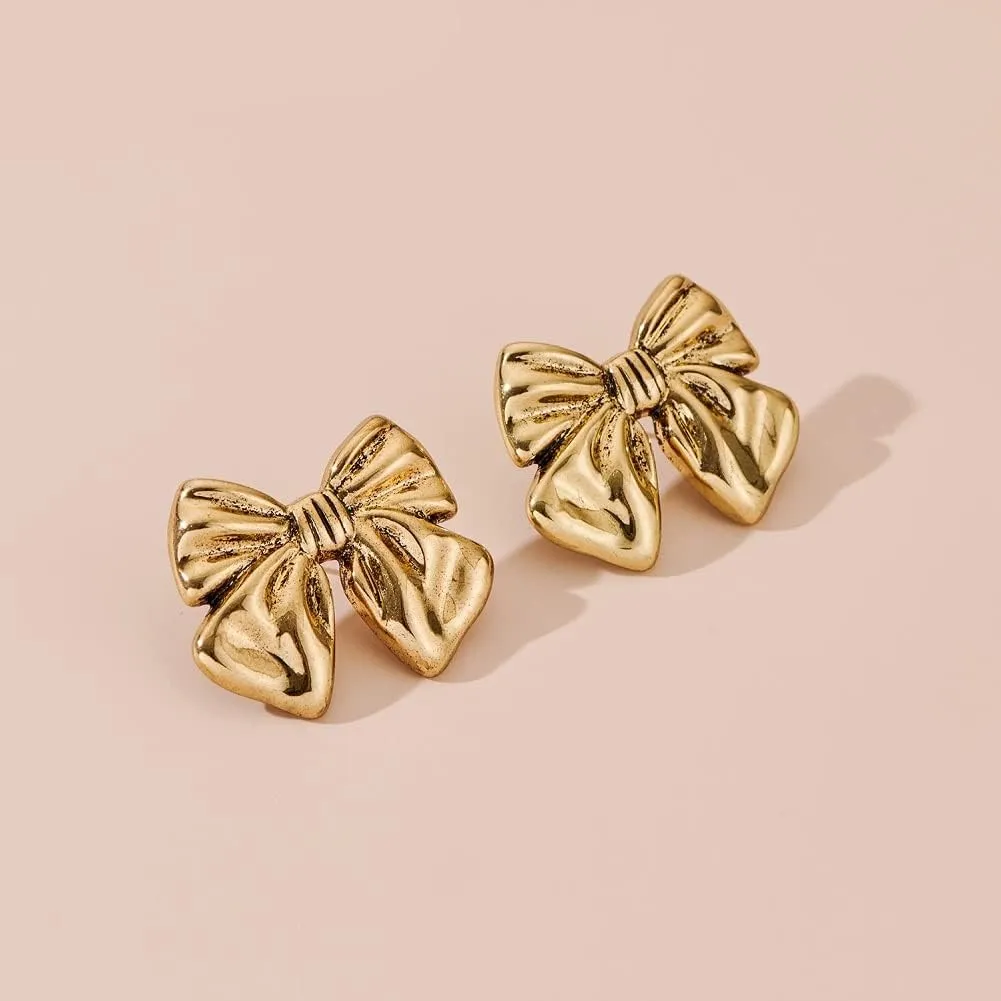 Gold Plated Bow Studs and Dangle Earrings - Silver Bow Statement Earrings Gift