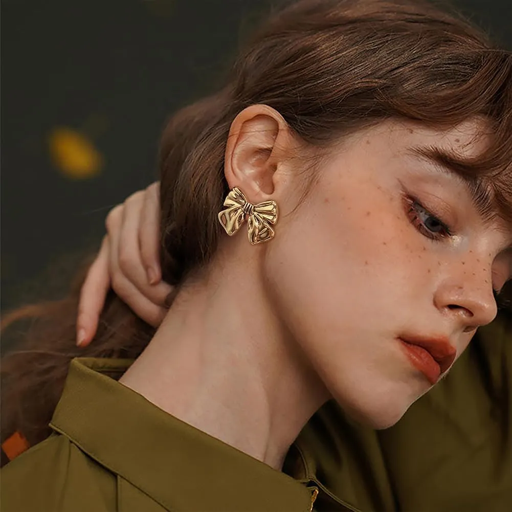 Gold Plated Bow Studs and Dangle Earrings - Silver Bow Statement Earrings Gift