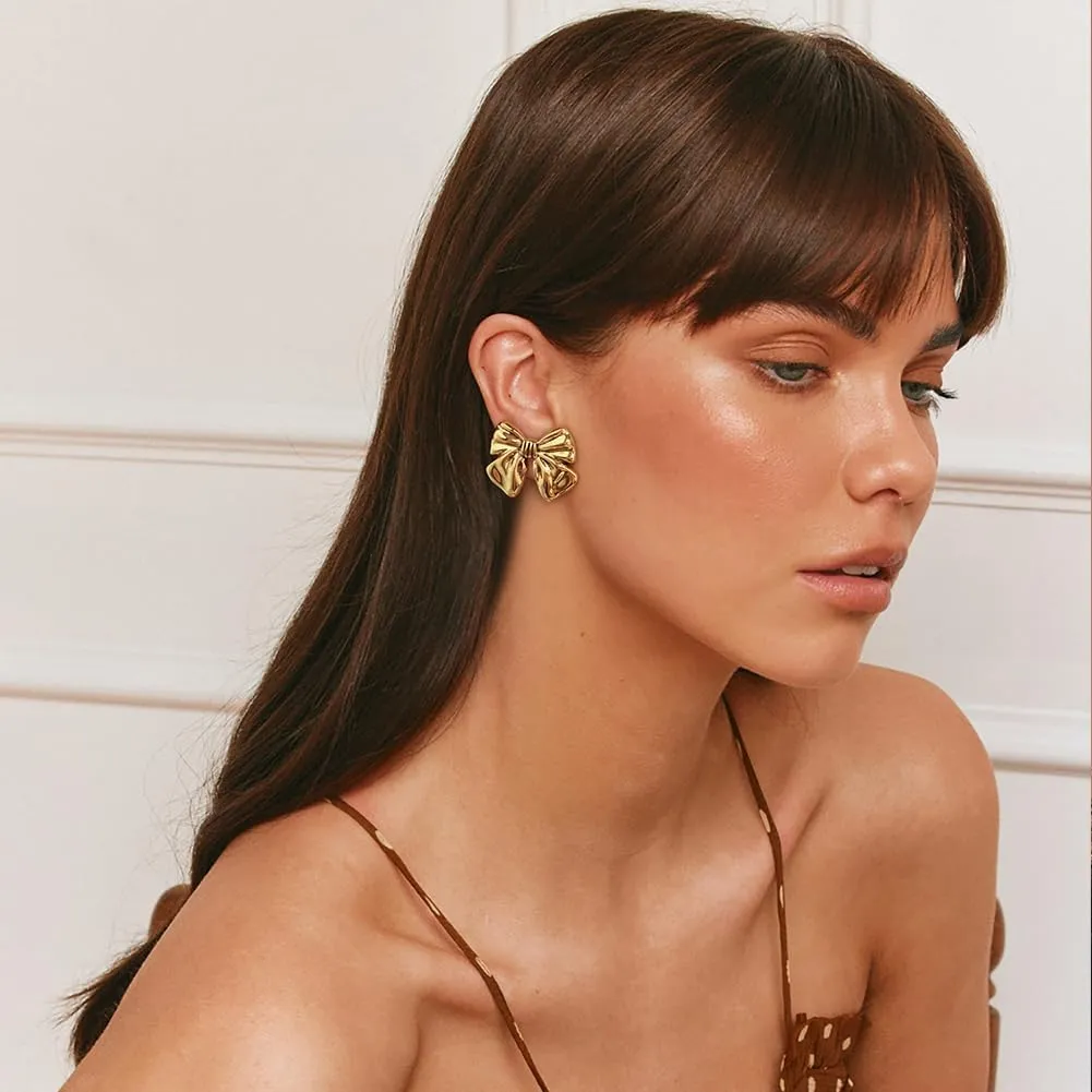 Gold Plated Bow Studs and Dangle Earrings - Silver Bow Statement Earrings Gift