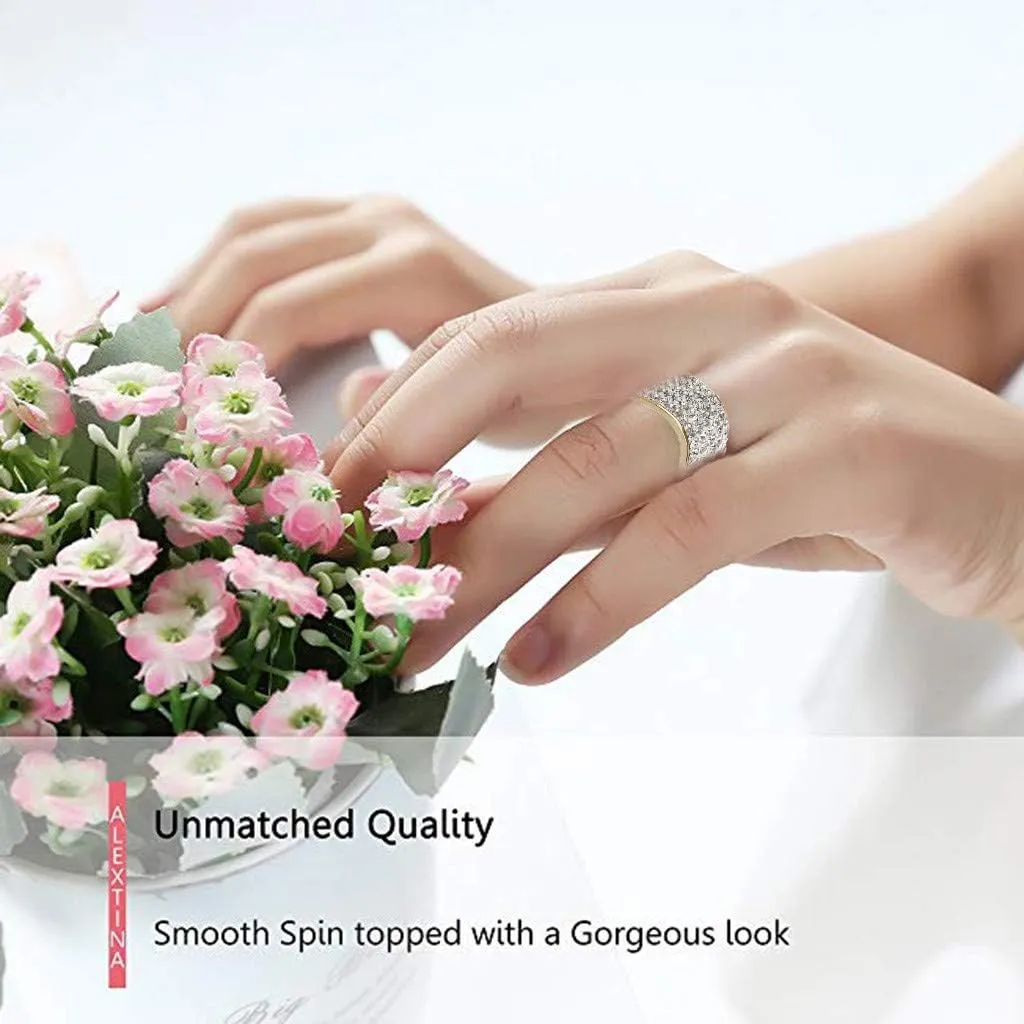 Gold Plated Cubic Zirconia Wide Eternity Statement Rings Stainless Steel Engagement Wedding Promise Rings for Women