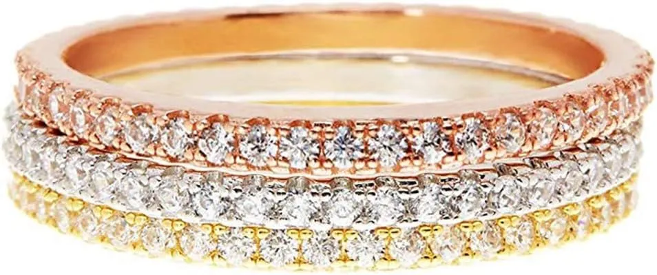 Gold Plated Solid 925 Sterling Silver CZ Diamond Ring for Women,Eternity Stackable Engagement Ring Anniversary Wedding Bands