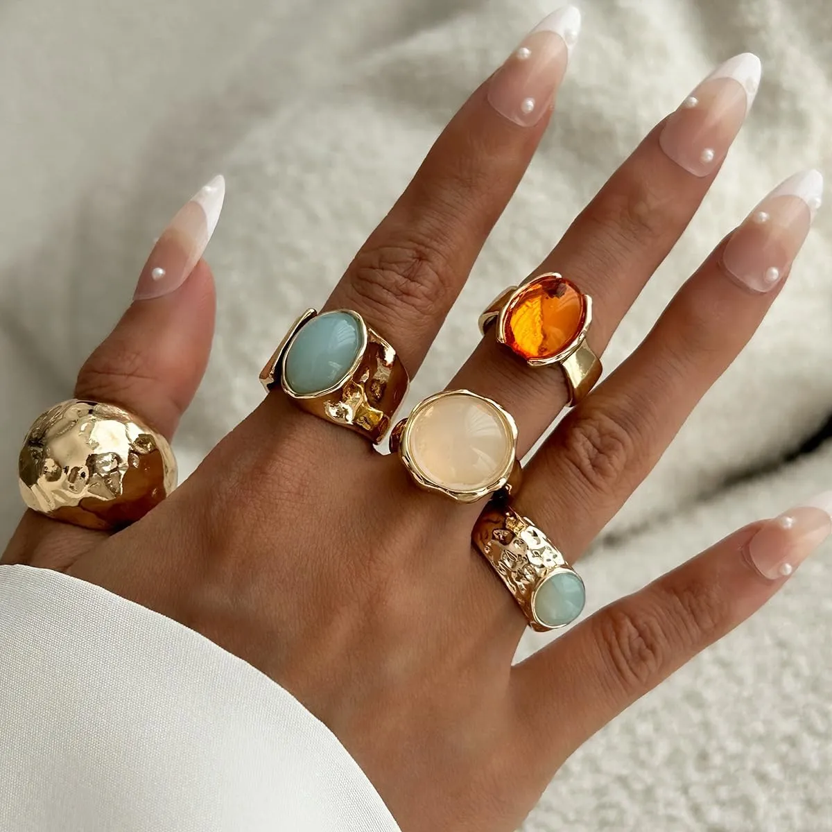 Gold Rings for Women Non Tarnish Chunky Gemstone Ring Adjustable Stackable Statement Ring Silver Rings for Women Trendy Chunky Gold Jewelry