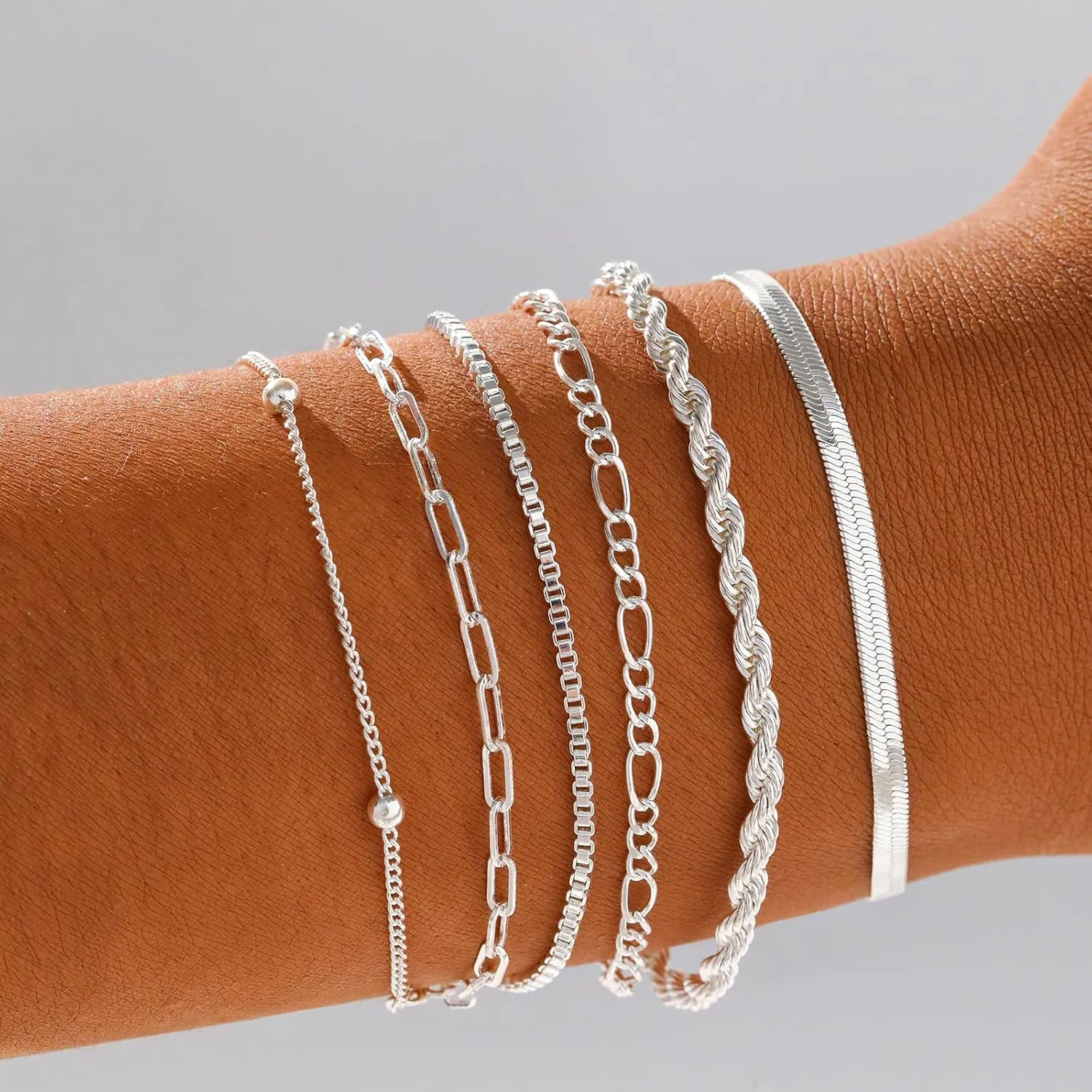 Gold/Silver Bracelets for Women,14K Real Gold Plated Bracelets Stack Trendy Jewelry Sets Stackable Snake Chain Figaro Paperclip Link Chain Adjustable Bracelet Pack Jewelry for Women