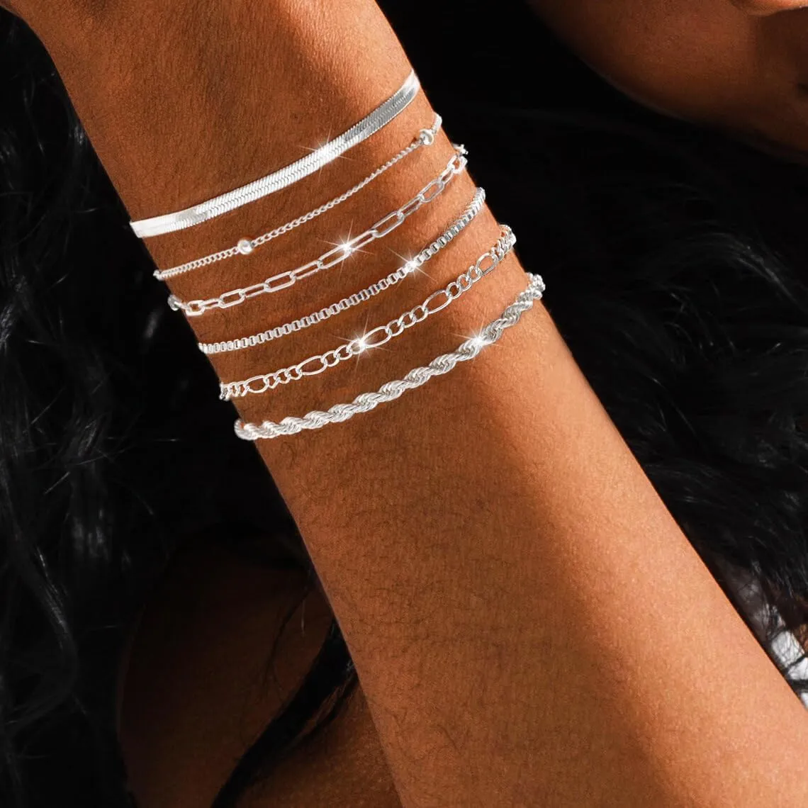 Gold/Silver Bracelets for Women,14K Real Gold Plated Bracelets Stack Trendy Jewelry Sets Stackable Snake Chain Figaro Paperclip Link Chain Adjustable Bracelet Pack Jewelry for Women