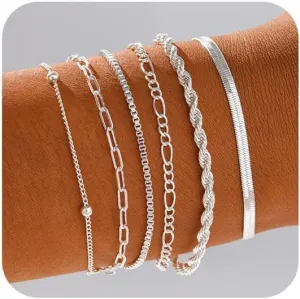 Gold/Silver Bracelets for Women,14K Real Gold Plated Bracelets Stack Trendy Jewelry Sets Stackable Snake Chain Figaro Paperclip Link Chain Adjustable Bracelet Pack Jewelry for Women